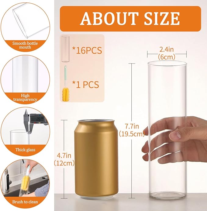 16Pcs Glass Cylinder Bud Vases for Centerpieces, 7.7 In Tall Clear Flower Vases - Image 2