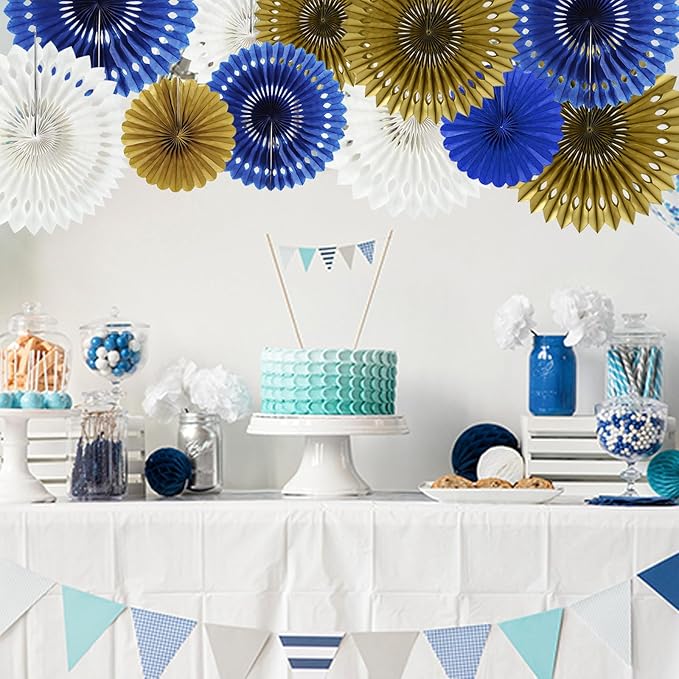 BEISHIDA Blue Gold White Hanging Honeycomb Round Paper Fans Decoration Set - Image 4