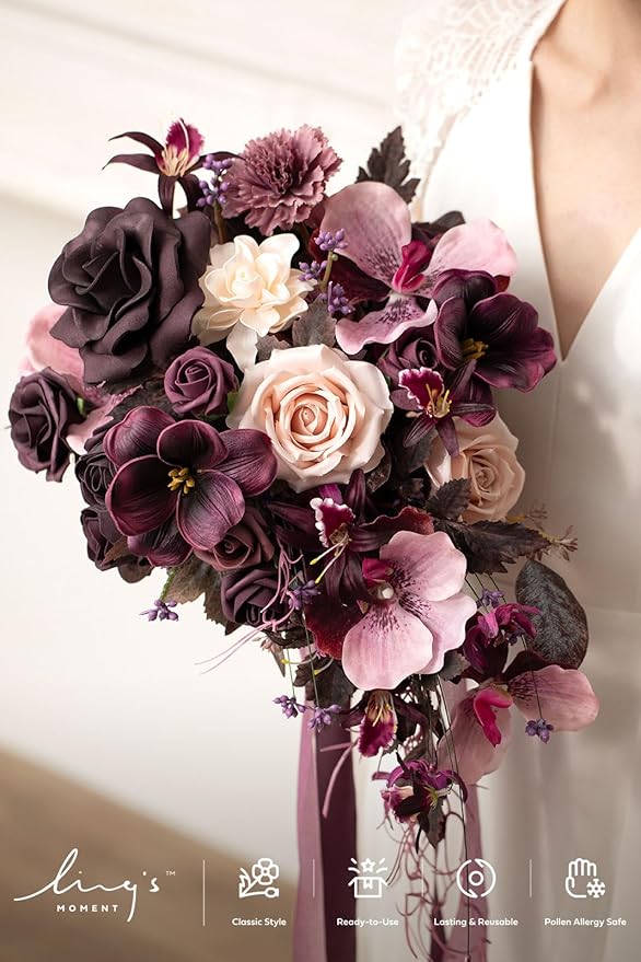 Ling's moment Purple Bridal Bouquet Cascading, Plum Wedding Bouquets - Image 3