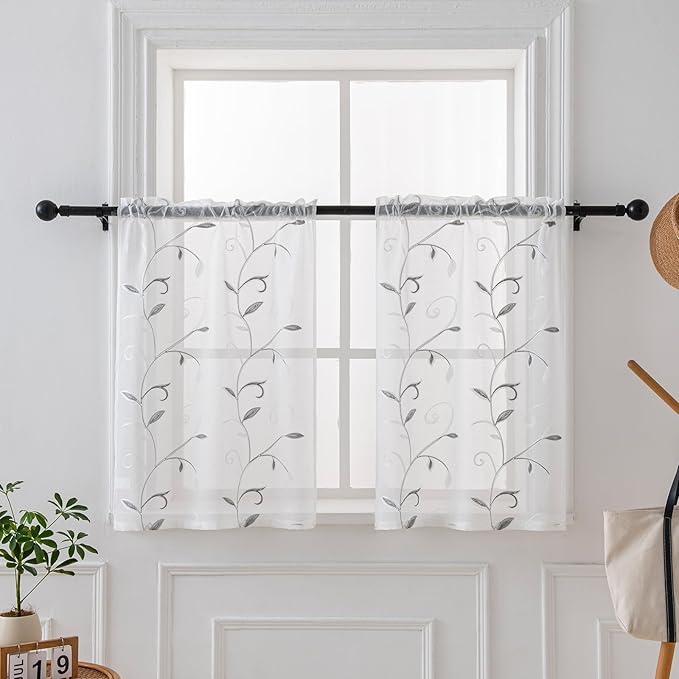 VISIONTEX White Sheer Voile Curtains, Decorative Leaves Embroidery Faux Linen by VISIONTEX