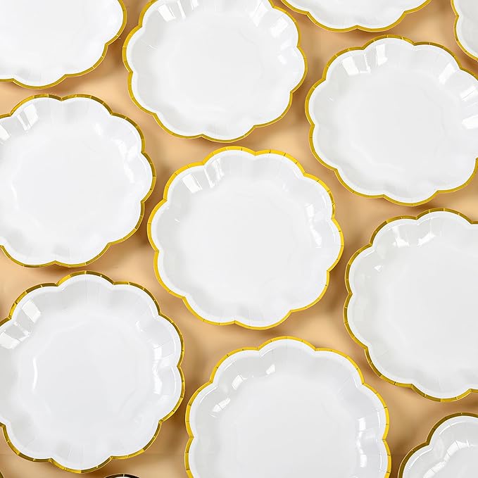 White Golden Party Plates Gold Foil Dessert Paper Plate 7inch Scalloped Edge - Image 4