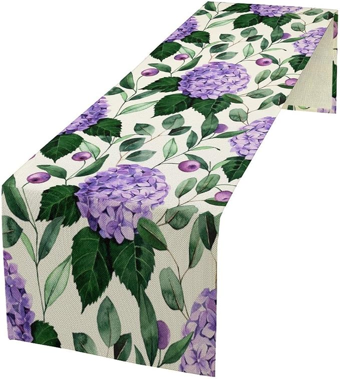 Spring Hydrangea Flower Table Runner, Seasonal Summer Plants Eucalyptus Leaves by SHElifestyle