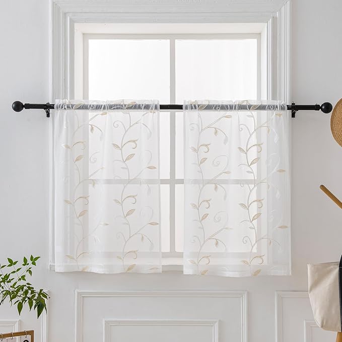 VISIONTEX White Sheer Voile Curtains, Decorative Leaves Embroidery Faux Linen by VISIONTEX