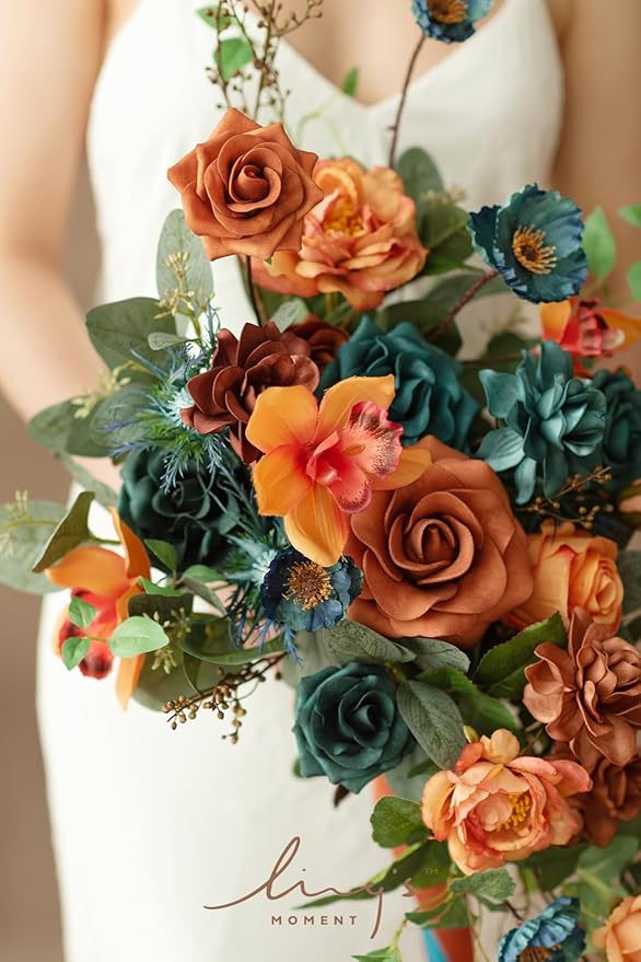 Ling's moment Teal Bridal Bouquet Cascading, Burnt Orange Wedding Bouquets - Image 5