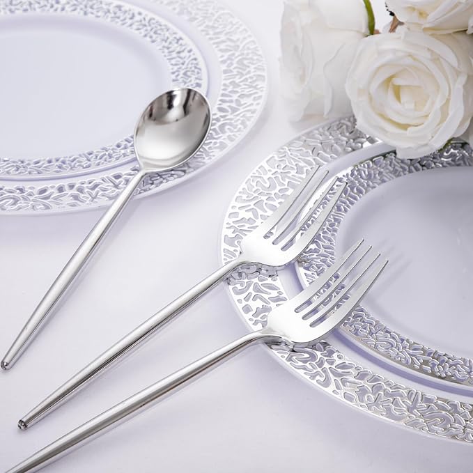 SUT 100Pcs Silver Plastic Silverware - Image 4