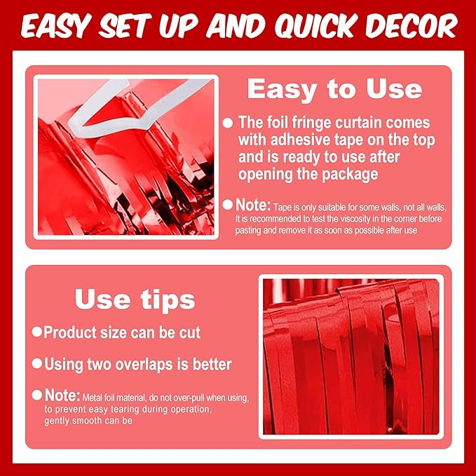 6 Pack Red Foil Fringe Curtains Backdrop, 3.28 x 8.2 Ft Metallic Streamers - Image 3