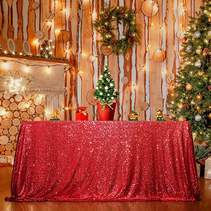 SquarePie Sequin Tablecloth 90 x 132 Inch Red Sparkly Table Linen - Image 3