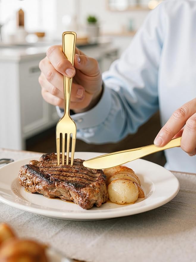 WDF 180 Pieces Disposable Plastic Gold Silverware Cutlery - Image 5