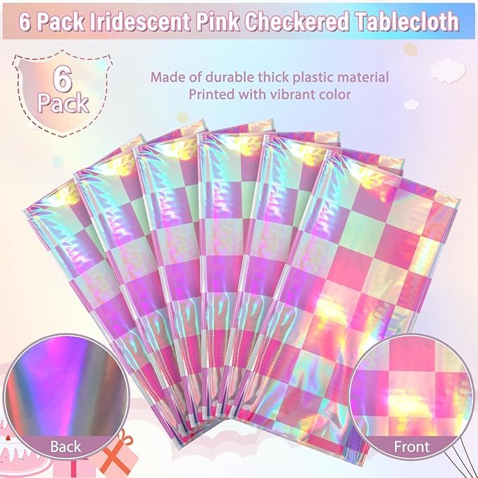 6 Pack Pink and Iridescent Checkered Plastic Tablecloth, Shiny Disposable Laser - Image 4
