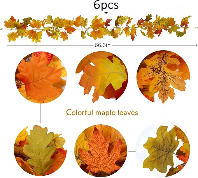 PARTY JOY 6PCS Orange Leaf Garland, 5.6Ft Halloween Garland Artificial Maple - Image 3