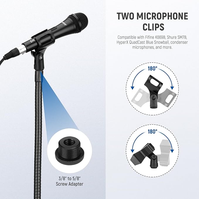NEEWER Microphone Stand with Flexible Arm, Boom Arm Mic Floor Tripod Mount - Image 2