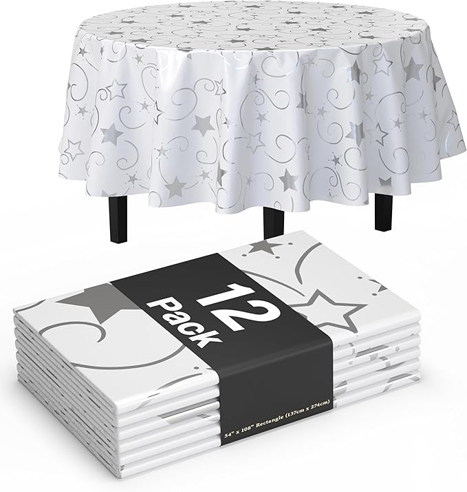 Exquisite Silver Star Tablecloth Plastic 12-Pack Disposable Round Tablecloths by Exquisite