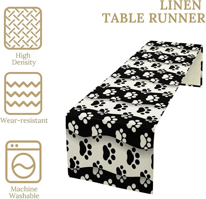 Dog Paw Table Runner, Kid Cute Animal Footprint Black White Theme Design Print - Image 2