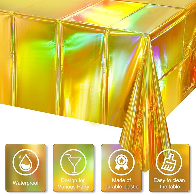 8 Pack Gold Iridescent Plastic Tablecloths Shiny Disposable Laser Rectangle - Image 3