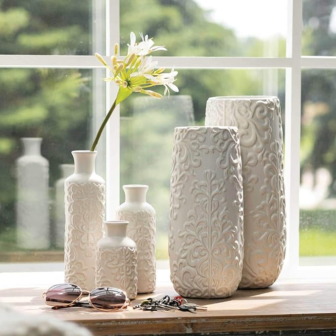 Sullivans Small White Embossed Ceramic Vase Set of 3, Matte Finish, Vases - Image 5