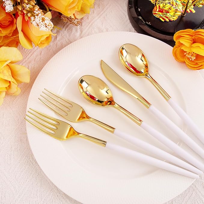 Rubtlamp 96 Pcs Gold Plastic Silverware, Cutlery Set Disposable Includes: 32 - Image 3