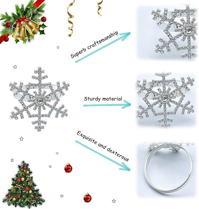 Halatool Set of 6 Christmas Rhinestone Snowflake Napkin Rings - Image 3