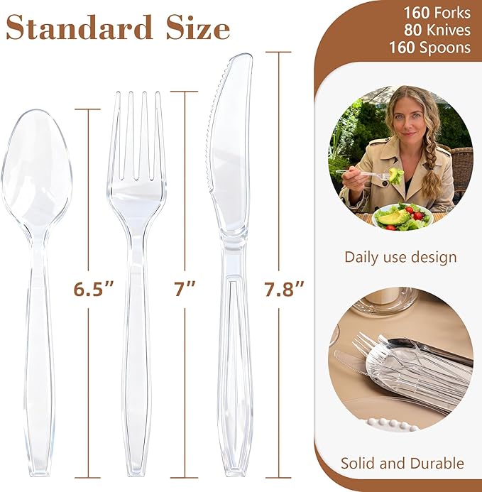 400 Count Heavy Duty Clear Plastic Silverware, 160 Forks, 160 Spoons, 80 Knives - Image 2
