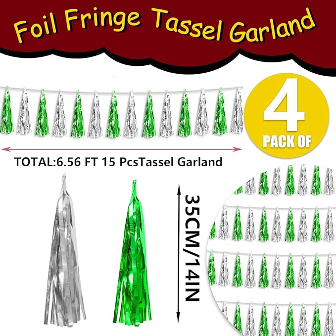 4P Green Silver Foil Fringe Tassel Banner Garland Metallic Tinsel Streamers - Image 2
