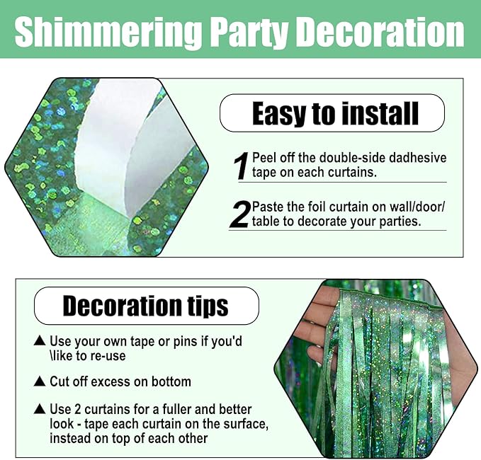 6 Pack Light Green Foil Fringe Curtain Backdrop, 3.28Ft x 8.2Ft Metallic Tinsel - Image 3