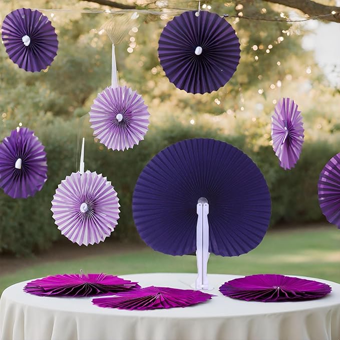 12 Packs Decorative Paper Folding Hand Fans Handheld, Purle Round Foldable - Image 3