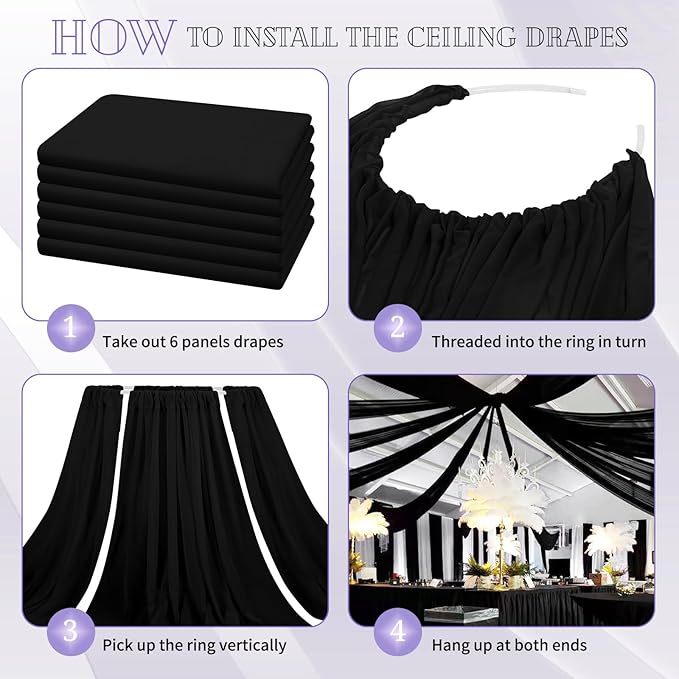 6 Panels Black Ceiling Drapes for Wedding 5ftx20ft Chiffon Fabric Arch Draping - Image 4
