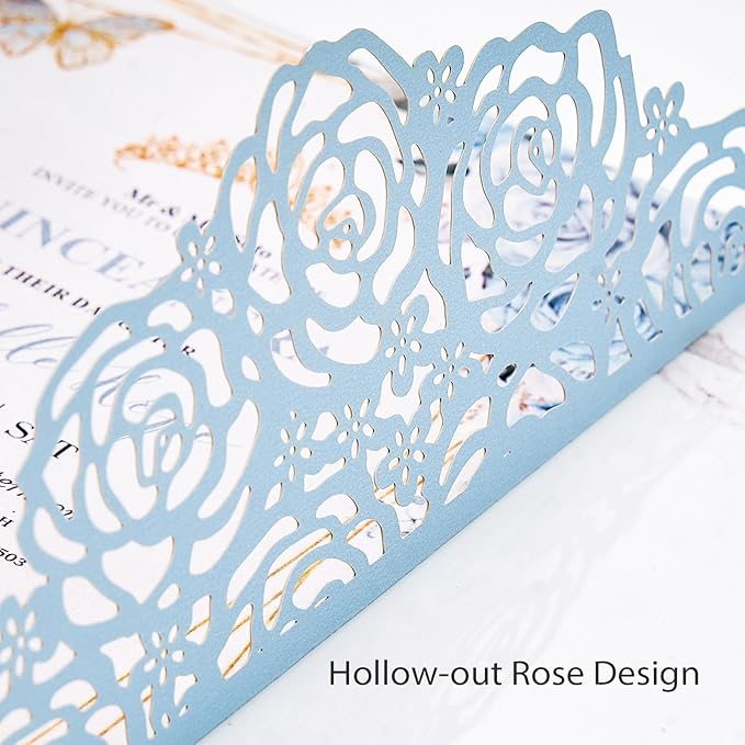 50 Set Light Blue Wedding Invitations Butterfly Laser Cut Invitations Pocket - Image 5