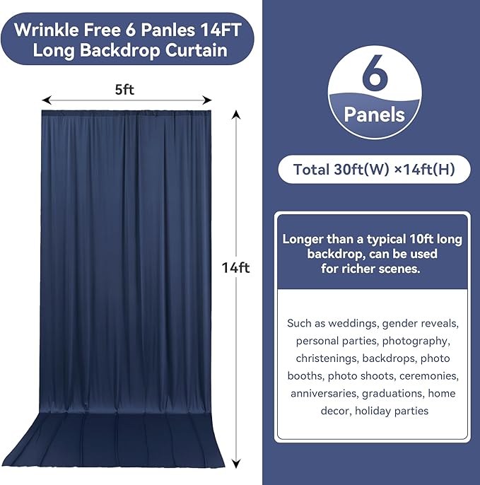 30ftx14FT Wrinkle Free Navy Blue Backdrop Curtain, 6 Panels 14FT Height Navy - Image 6