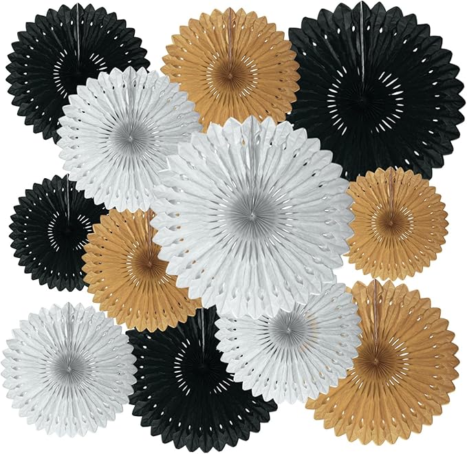 18 Pcs Black Gary Gold Hanging Paper Fan, Hanging Honeycomb Round Paper Fans by Zankubom