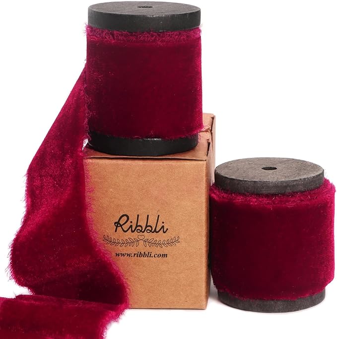 Ribbli Burgundy Velvet Ribbon 1.5 Inch Handmade Frayed Vintage Christmas Ribbon by Ribbli