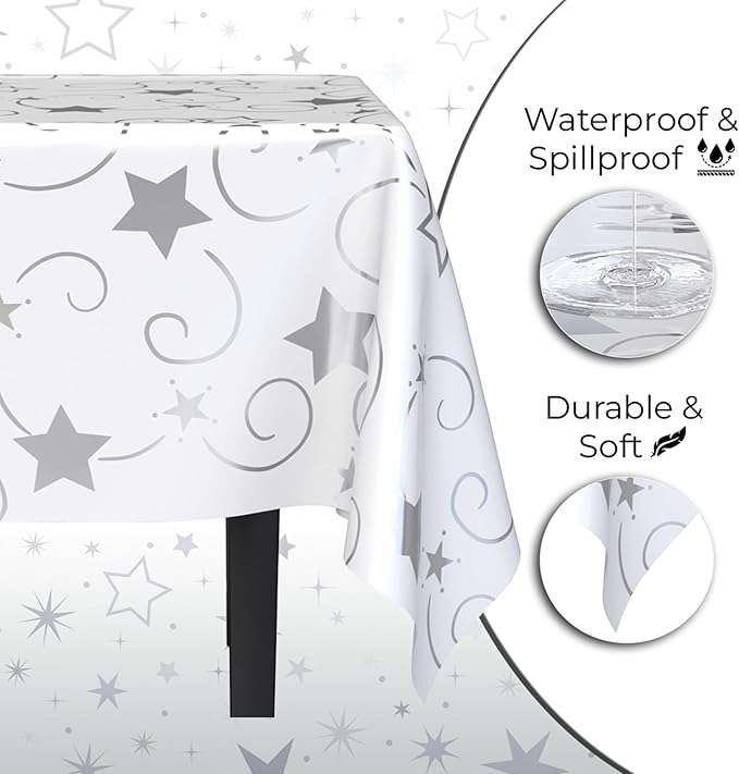Exquisite Silver Star Tablecloth Plastic 12-Pack Disposable Rectangle - Image 3