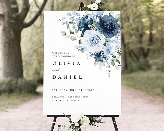Welcome Wedding Sign Personalized, Elegant Light Blue Rose Wedding Sign by CENOVACY