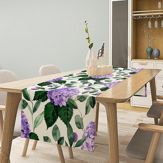 Spring Hydrangea Flower Table Runner, Seasonal Summer Plants Eucalyptus Leaves - Image 2