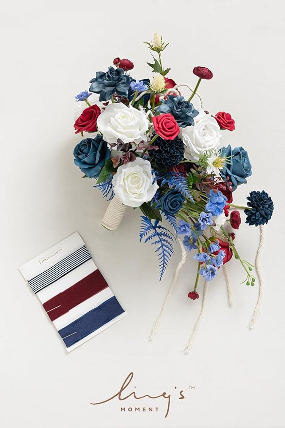 Ling's Moment Navy Blue Red Bridal Bouquet - Image 6
