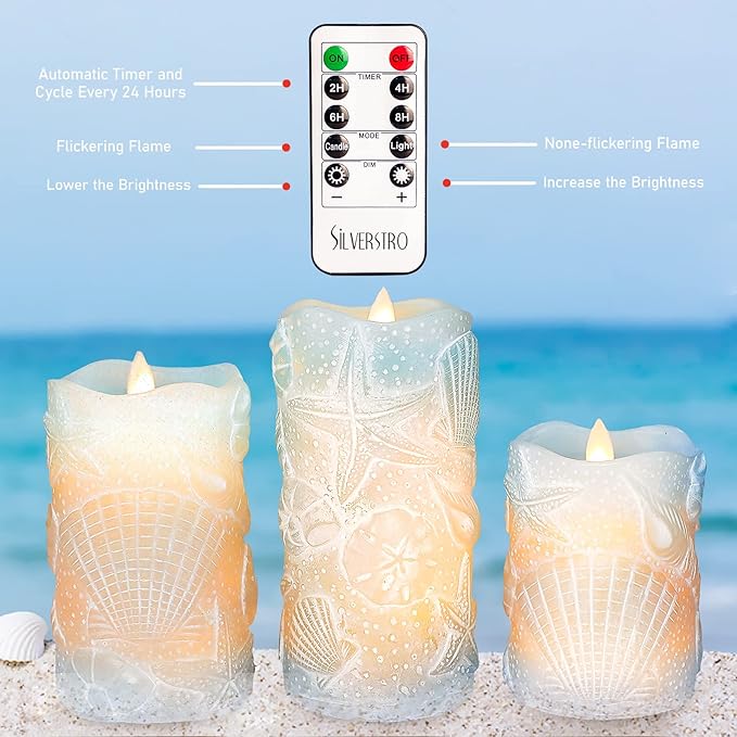 Silverstro Ocean Flameless Candles Remote Carved Seashell Real Wax Flicker - Image 6