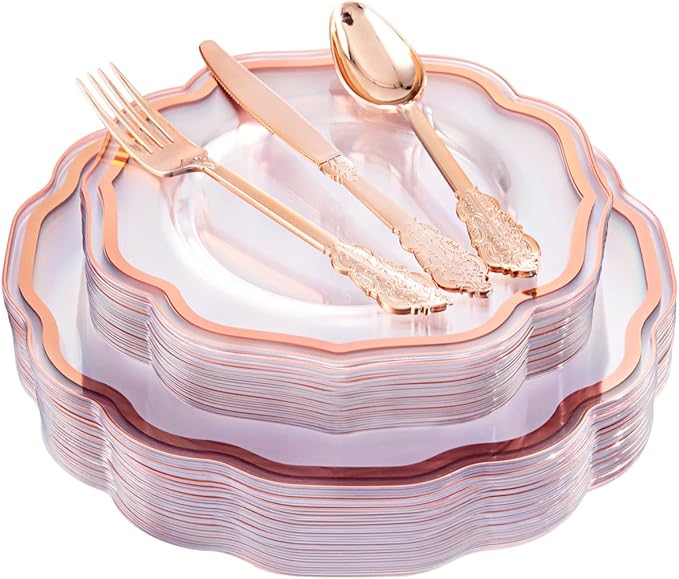 NOCCUR 150PCS Rose Gold Plastic Plates&Rose Gold Silverware-Include 30Dinner by NOCCUR