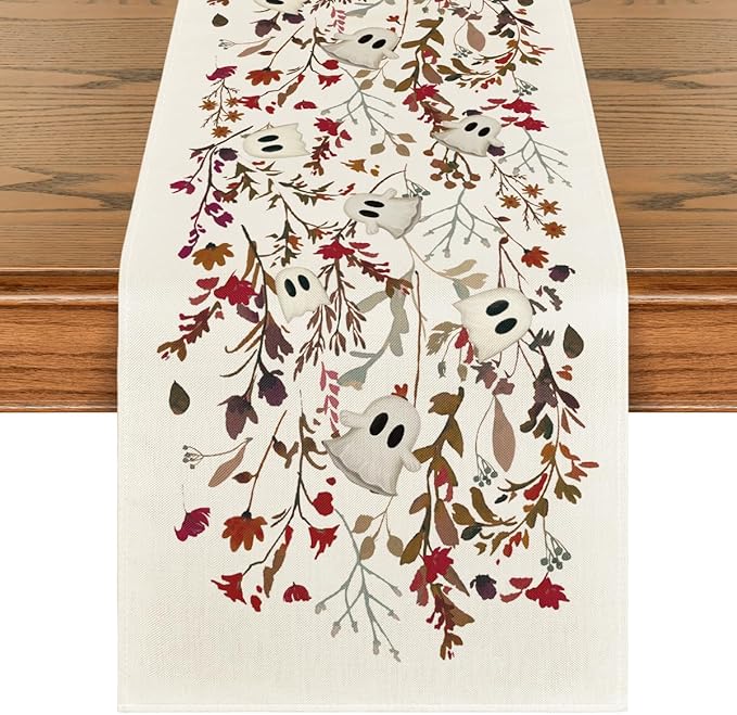 Artoid Mode Ghost Flowers Leaves 210 GSM Halloween Table Runner, Seasonal Fall by ArtoidMode