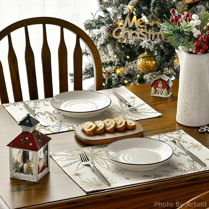 Artoid Mode Beige Snowflake Let It Snow Winter Placemats Set of 8, 12x18 Inch - Image 4