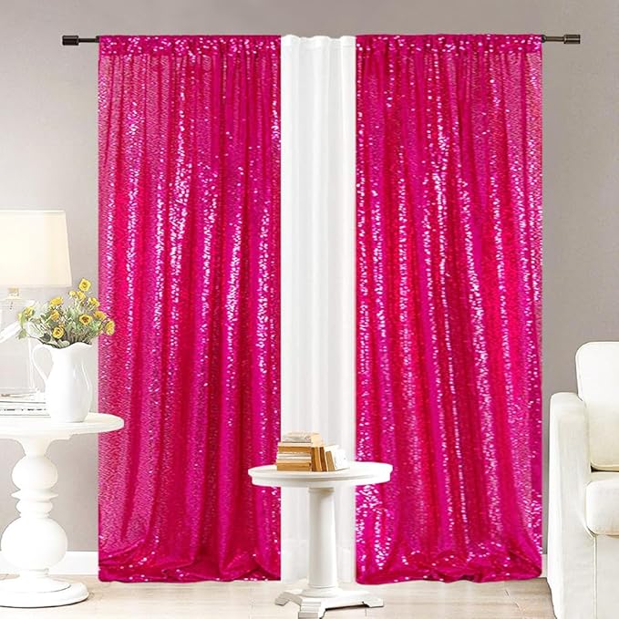 Eternal Beauty Sequin Backdrop Curtains, 2x8 Ft-2 Panels Hot Pink Back Drop - Image 4