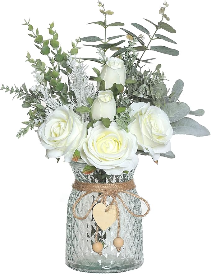 Faux Flowers with Vase, Artificial Silk Roses in Vase, Fake Plant Eucalyptus by VIERENA