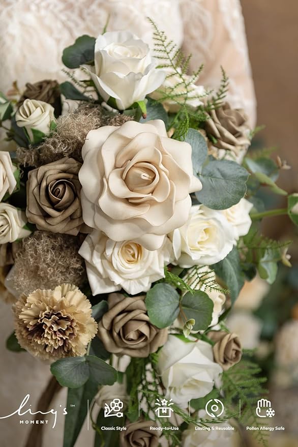 Ling's moment Intimate Brown Bridal Bouquet Cascading, 13 Inch Bride Bouquets - Image 5