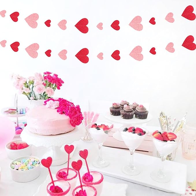 Red Pink Party-Decoration Heart Garland - 40ft Galentines Hanging Paper - Image 5