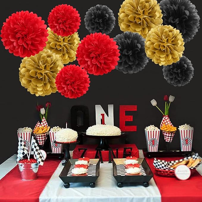 Red-Black Gold Party-Decorations Tissue Pom-Poms - Image 5