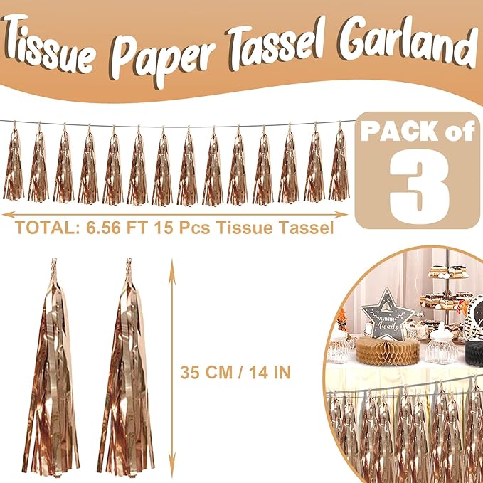 3P Champagne Gold Foil Fringe Metallic Tassel Streamers Banner Tassel Garland - Image 2