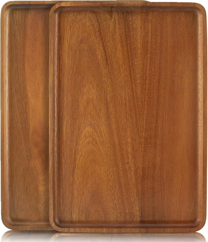 2 PCS Solid Acacia Wood Serving Trays 16 * 12 inch Rectangular Wooden Serving by focusonwoodandbamboo