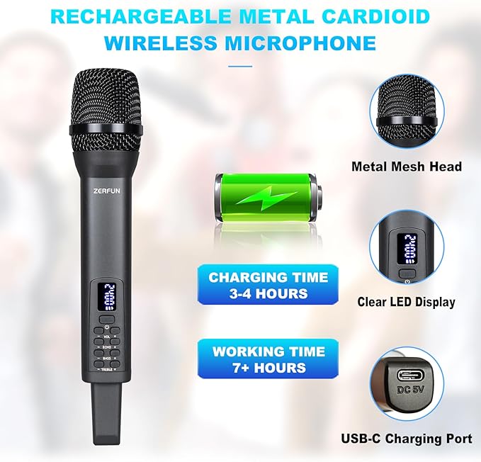 Rechargeable Wireless Microphone, Pro Handheld Cordless Mics System Dynamic - Image 4