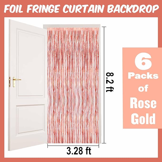 6 Pack Rose Gold Foil Fringe Curtains Backdrop, 3.28 x 8.2 Ft Metallic - Image 2
