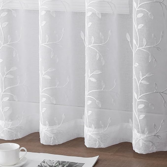 VISIONTEX White Sheer Voile Curtains, Decorative Leaves Embroidery Faux Linen - Image 7