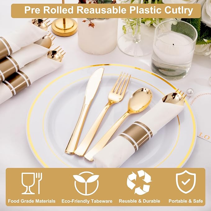 200Guests Pre Rolled Gold Plastic Silverware Sets - Image 5