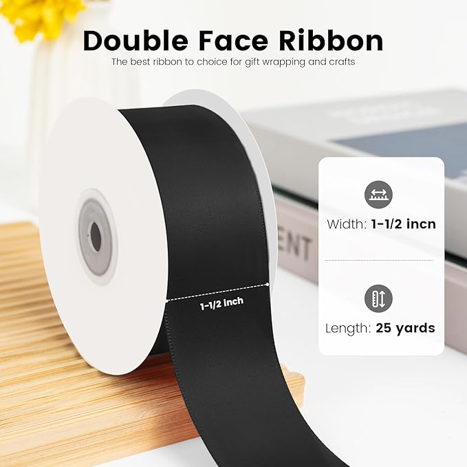 Solid Color Double Faced Black Satin Ribbon 1-1/2" X 25 Yards Ribbons Use - Image 2